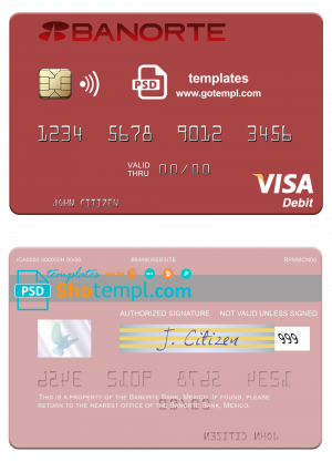 Mexico Banorte Bank visa debit card template in Word and PDF format