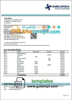 Mexico Inbursa Bank statement easy to fill template in Word and PDF format