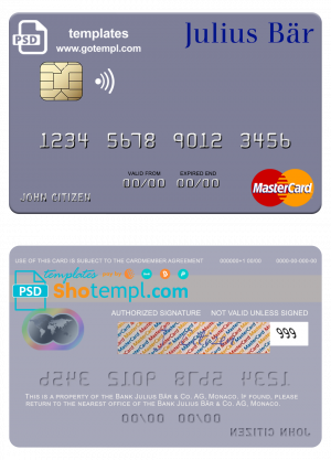 Monaco Julius Bär & Co. AG bank mastercard, fully editable template in PSD format