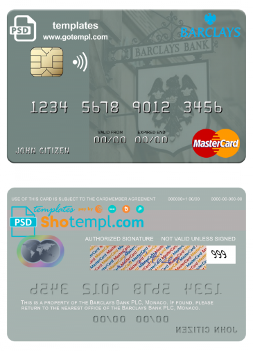 Monaco Barclays Bank PLC bank mastercard, fully editable template in PSD format