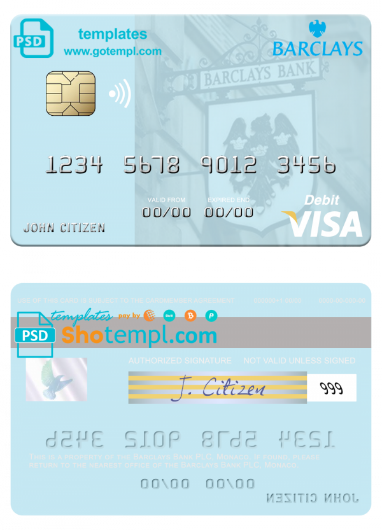 Monaco Barclays Bank PLC bank visa debit card, fully editable template in PSD format