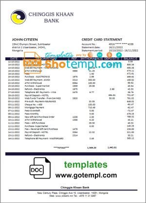 Mongolia Chinggis Khaan bank statement template in Word and PDF format