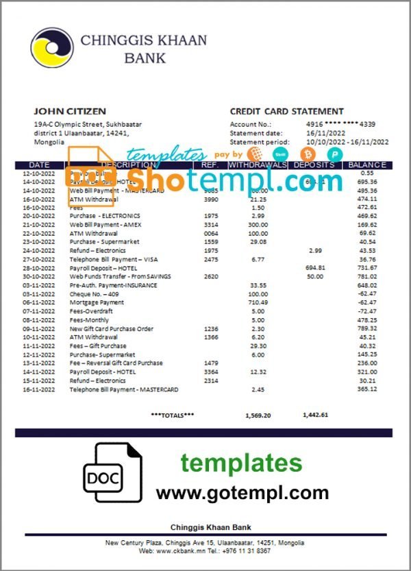 Mongolia Chinggis Khaan bank statement template in Word and PDF format