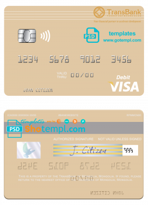 Mongolia TransBank of Mongolia bank visa debit card, fully editable template in PSD format