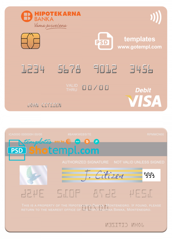 Montenegro Hipotekarna bank visa debit card, fully editable template in PSD format