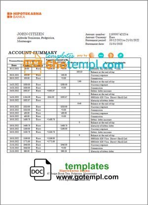 Montenegro Hipotekarna bank statement template, Word and PDF format (.doc and .pdf)