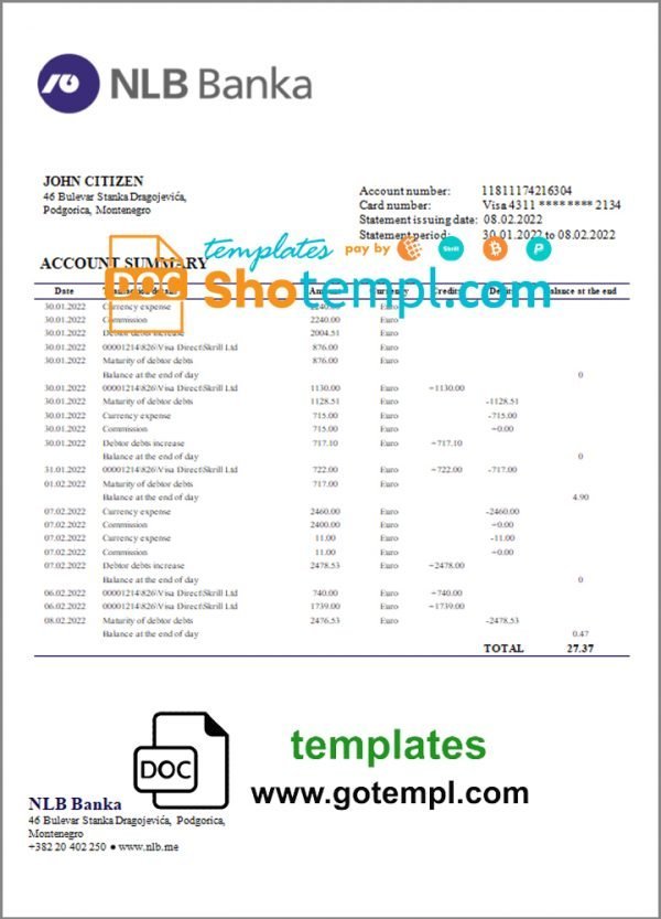 Montenegro NLB bank statement template, Word and PDF format (.doc and .pdf)