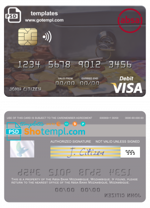 Mozambique Absa Bank Mozambique visa debit card, fully editable template in PSD format