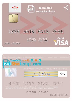 Mozambique Banco Moza visa debit card, fully editable template in PSD format