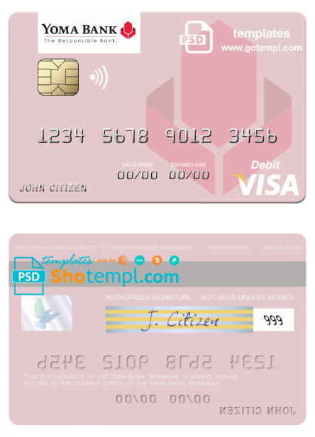 Myanmar Yoma Bank Limited visa debit card, fully editable template in PSD format