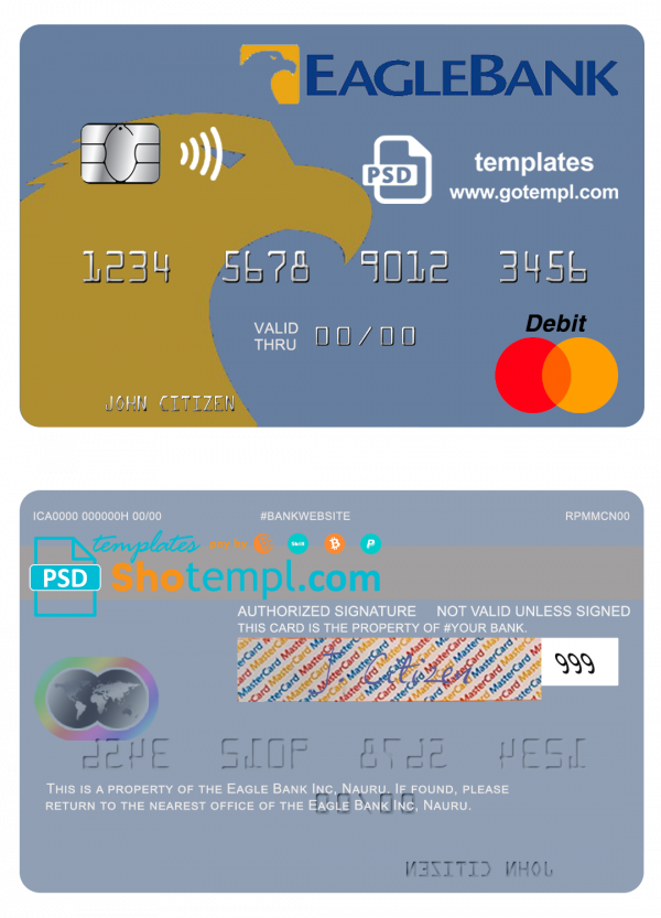 Nauru Eagle Bank Inc mastercard, fully editable template in PSD format