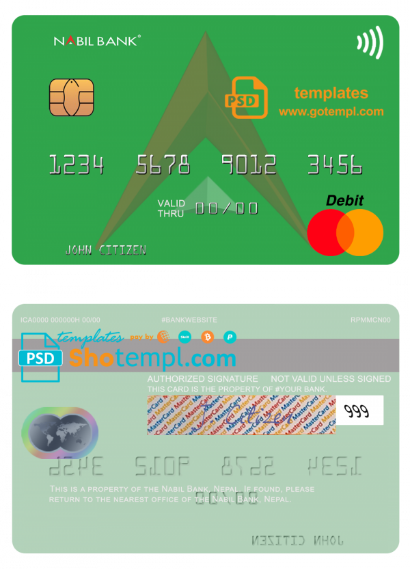 Nepal Nabil bank mastercard, fully editable template in PSD format