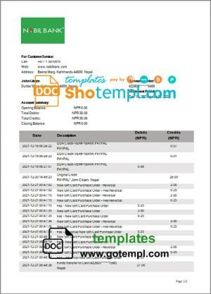 Bank of Taiwan company checking account statement Word and PDF template