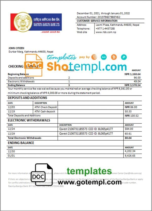 Nepal Rastriya Banijya Bank bank statement template in Word and PDF format