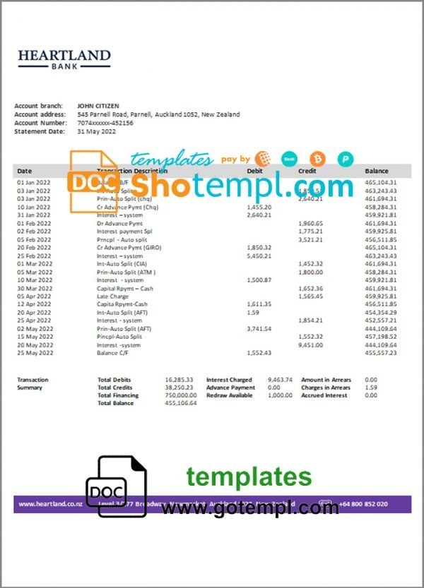 New Zealand Heartland bank statement template in Word and PDF format