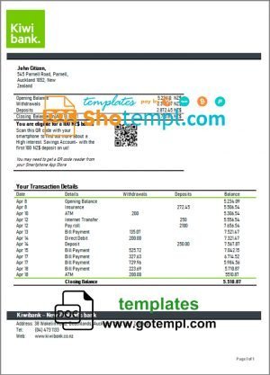 New Zealand Kiwibank bank statement template in Word and PDF format