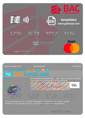 Nicaragua BAC Credomatic mastercard credit card template in PSD format