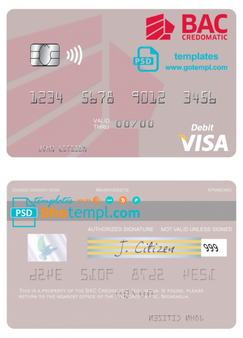 Nicaragua BAC Credomatic visa debit card template in PSD format