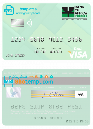Niger Bank of Africa visa debit card, fully editable template in PSD format