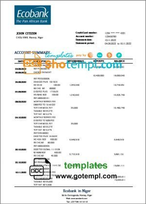 Niger Ecobank bank statement template in Word and PDF format