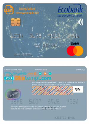 Niger Ecobank mastercard, fully editable template in PSD format