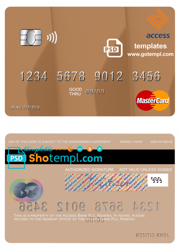 Nigeria Access Bank Plc mastercard, fully editable template in PSD format
