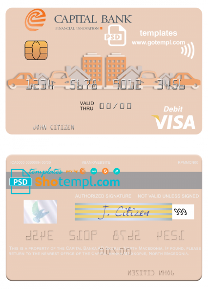 North Macedonia Capital Banka AD Skopje visa debit card, fully editable template in PSD format