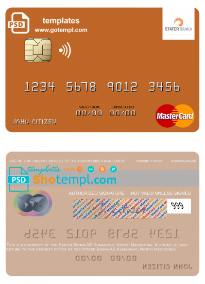 North Macedonia Stater Banka AD Kumanovo mastercard, fully editable template in PSD format