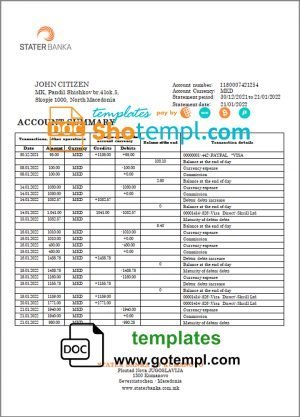 North Macedonia Stater Banka bank statement template in Word and PDF format