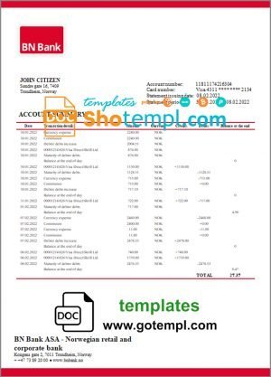 Norway BN bank statement template in Word and PDF format