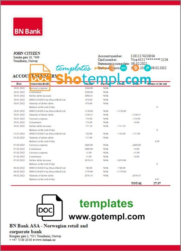 Norway BN bank statement template in Word and PDF format