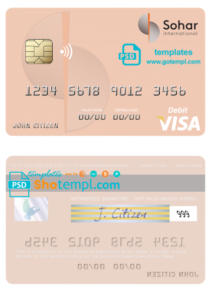 Oman Sohar International Bank visa debit card, fully editable template in PSD format