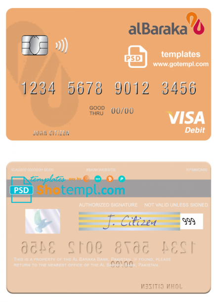 Pakistan Al Baraka Bank visa debit card, fully editable template in PSD format