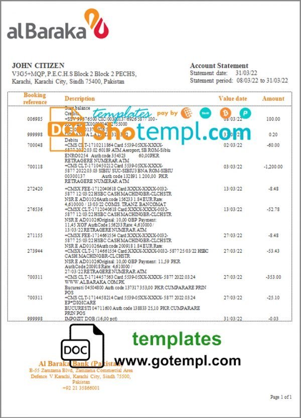 Pakistan Al Baraka bank statement template in Word and PDF format