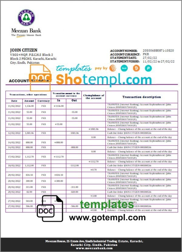 Pakistan Meezan bank statement template in Word and PDF format