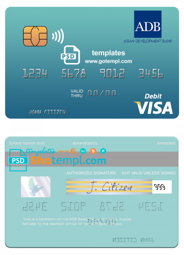 Palau ADB Bank visa debit card, fully editable template in PSD format