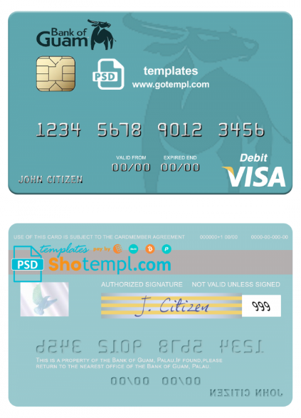 Palau Bank of Guam visa debit card, fully editable template in PSD format