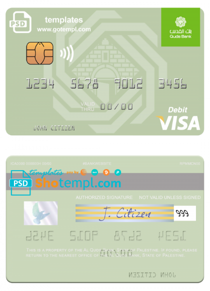 Palestine Al Quds Bank visa debit card, fully editable template in PSD format