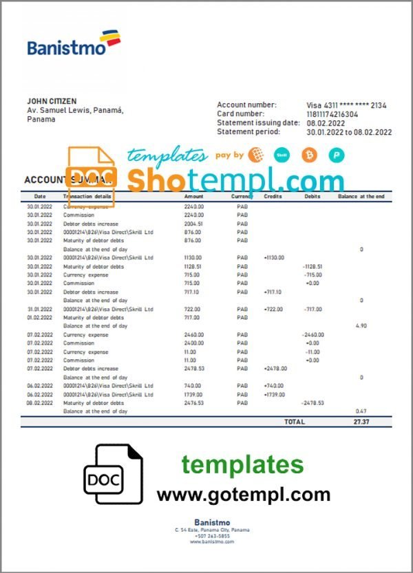 Panama Banistmo bank statement template in Word and PDF format