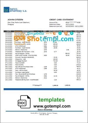 Paraguay Banco Amambay bank statement template in Word and PDF format