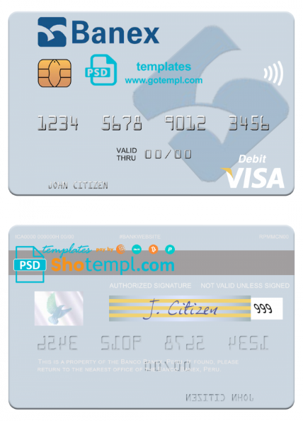 Peru Banco Banex visa debit card template in PSD format, fully editable