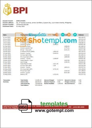 Philippines Bank of the Philippine Islands bank statement template in Word and PDF format