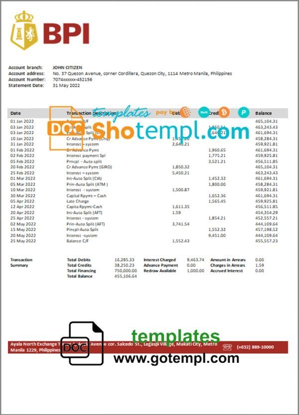 Philippines Bank of the Philippine Islands bank statement template in Word and PDF format