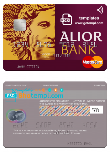 Poland Alior Bank mastercard, fully editable template in PSD format