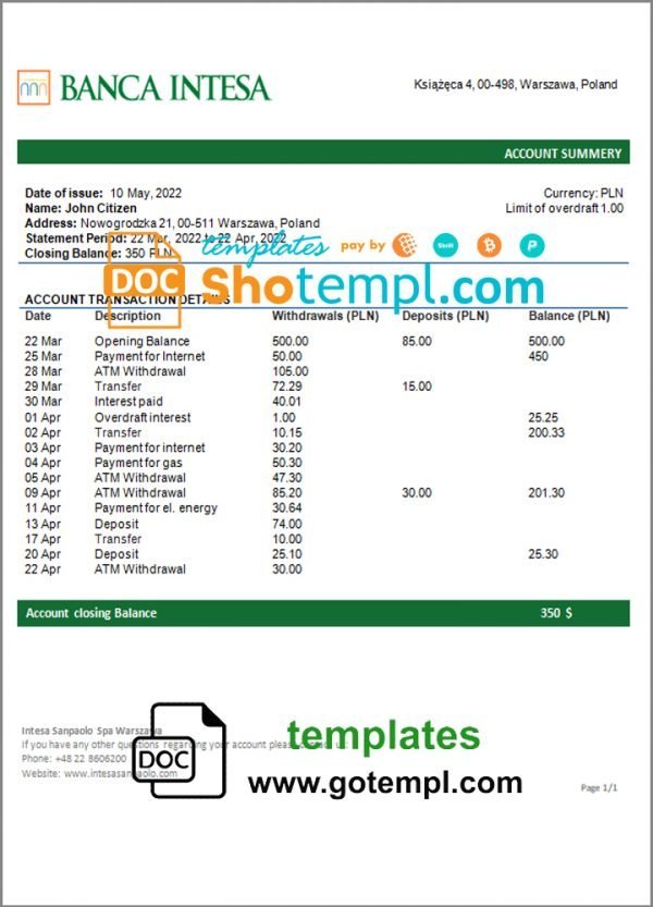 Poland Banca Intesa bank statement template in Word and PDF format