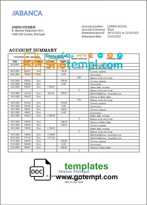 Portugal Abanca bank statement in Word and PDF format