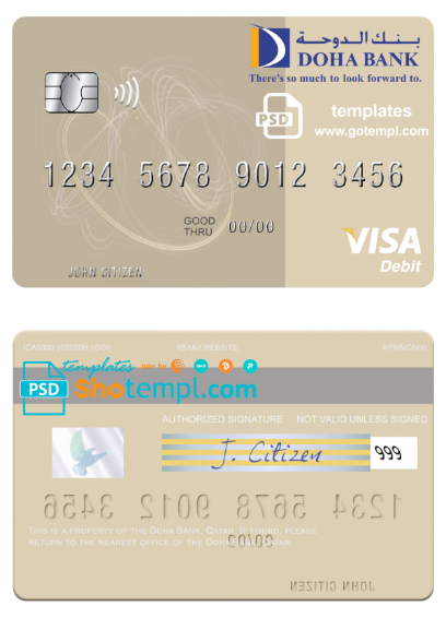 Qatar Doha Bank visa debit card, fully editable template in PSD format