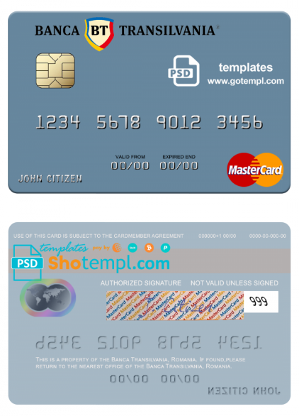 Romania Banca Transilvania mastercard, fully editable template in PSD format