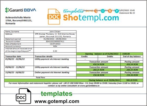 Romania Garanti BBVA bank proof of address statement template in Word and PDF format