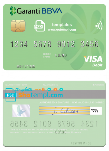Romania Garanti BBVA visa debit card, fully editable template in PSD format